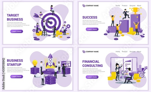 Set of web page design templates for target business, startup, financial consulting. Can use for web banner, poster, infographics, landing page, web template. Flat vector illustration