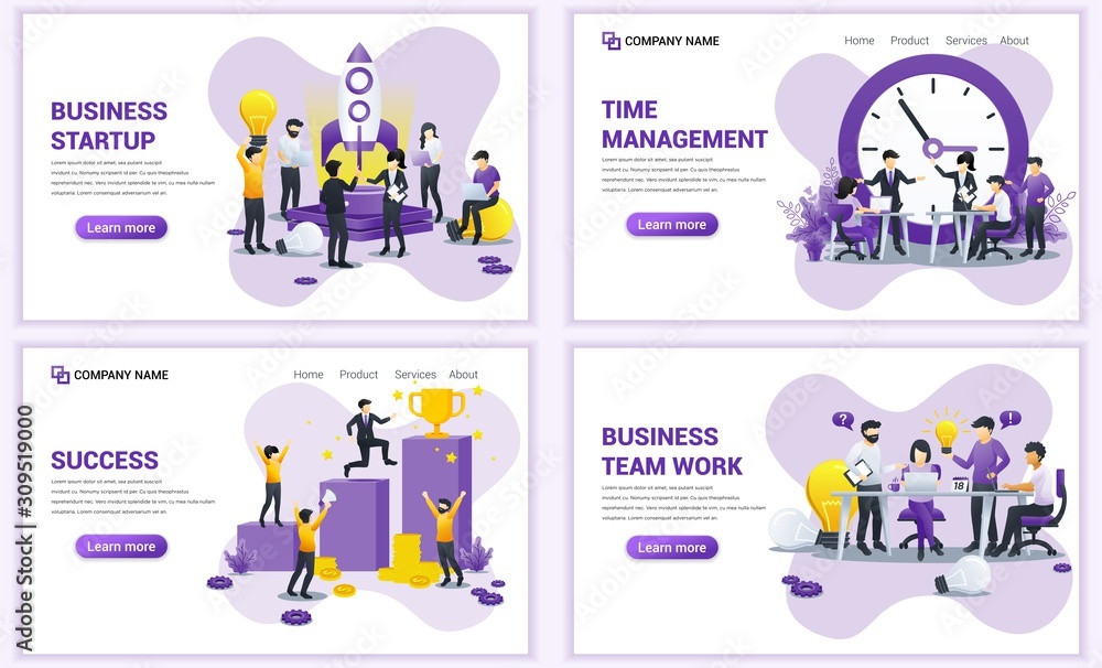 Set of web page design templates for business startup, time management, team work. Can use for web banner, poster, infographics, landing page, web template. Flat vector illustration