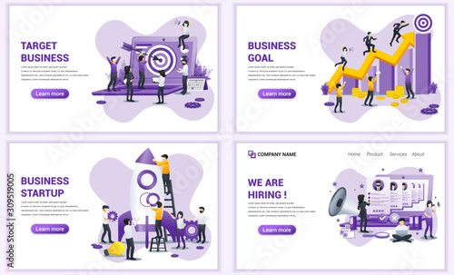 Set of web page design templates for business target and goal, startup, hiring. Can use for web banner, poster, infographics, landing page, web template. Flat vector illustration