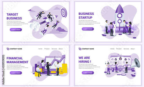 Set of web page design templates for business startup, target business, hiring, financial management. Can use for web banner, poster, infographics, landing page, web template. Flat vector illustration