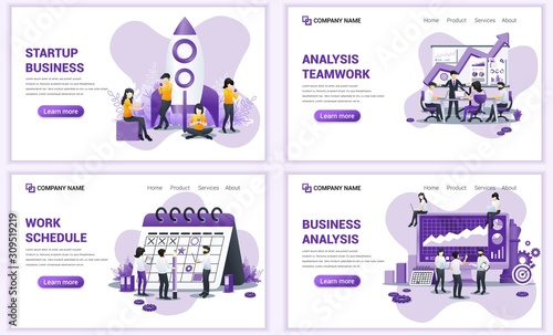 Set of web page design templates for business startup, planning schedule, analysis team work. Can use for web banner, poster, infographics, landing page, web template. Flat vector illustration