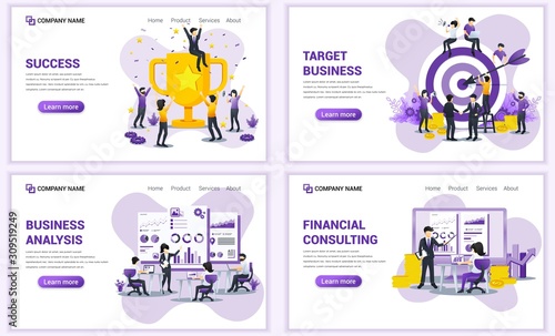 Set of web page design templates for target business, analysis and financial consulting. Can use for web banner, poster, infographics, landing page, web template. Flat vector illustration