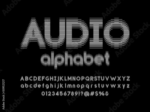 Sound wave style alphabet design with uppercase, lowercase, numbers and symbol