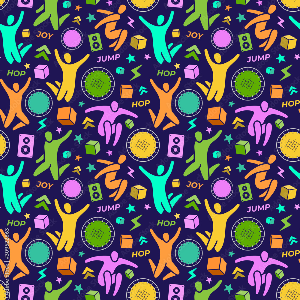 Repeating seamless pattern, swatch. Set of icons: jumping people, top view trampoline, sound speaker, foam rubber cubes, lightning, chevron. Trampoline, amusement park concept. Flat vector EPS 10 Repeating seamless pattern, swatch. Set of icons: jumping people, top view trampoline, sound speaker, foam rubber cubes, lightning, chevron. Trampoline, amusement park concept. Flat vector EPS 10