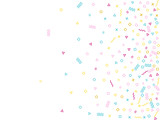 Cool 80s style memphis pink cyan yellow confetti flying scatter on white.
