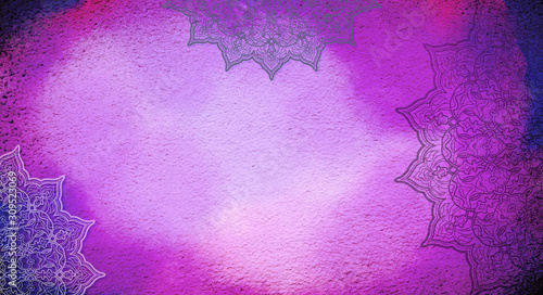 Bright rich pink and purple textured watercolor background with mandalas