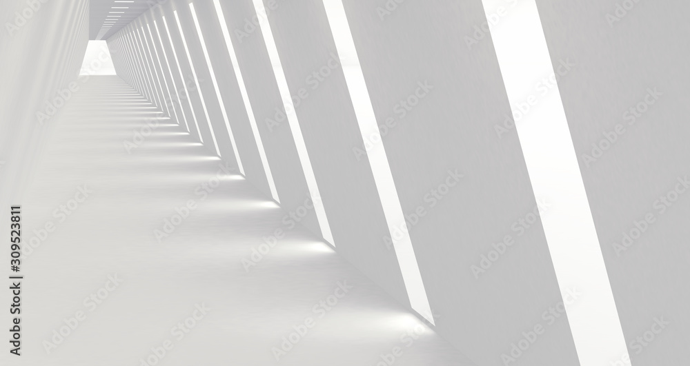 Empty Long Light Corridor. Modern white background. Futuristic Sci-Fi Triangle Tunnel. 3D Rendering Empty Long Light Corridor. Modern white background. Futuristic Sci-Fi Triangle Tunnel. 3D Rendering