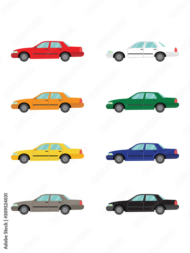 Set of sedan car side view on white background,illustration vector,Side, front, back