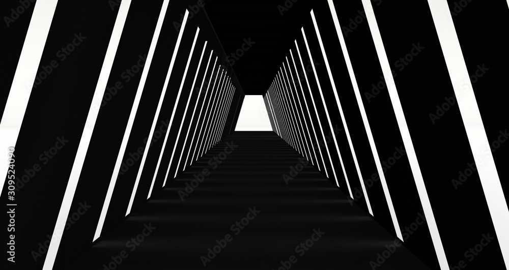 Naklejka premium Empty Long Light Corridor. Modern black background. Futuristic Sci-Fi Triangle Tunnel. 3D Rendering 