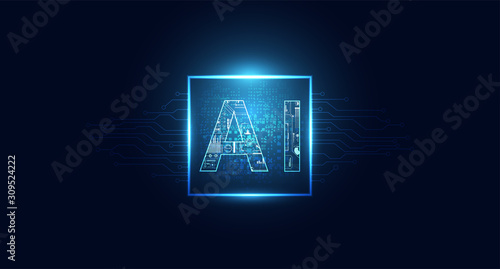 Abstract technology Ai computing chipset on circuit board concept working data of Artificial intelligence and futuristic digital for future on dark blue background.