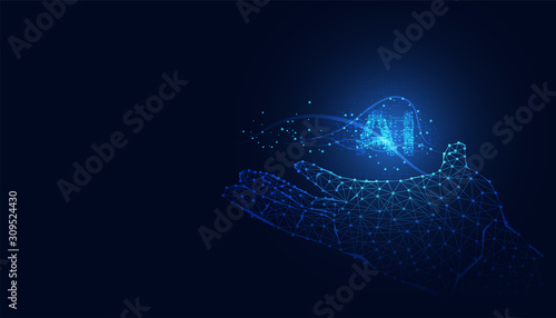 Abstract technology Ai computing on circuit hand concept hand of robot wireframe futuristic digital for future on dark blue background.
