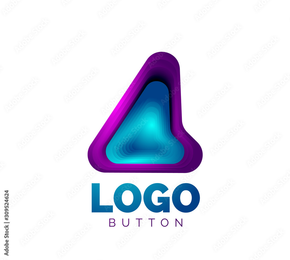Arrow logo template. Or play or download button logotype template. Minimal geometrical design, 3d geometric bold symbol in relief style with color blend steps effect. Vector Illustration Arrow logo template. Or play or download button logotype template. Minimal geometrical design, 3d geometric bold symbol in relief style with color blend steps effect. Vector Illustration