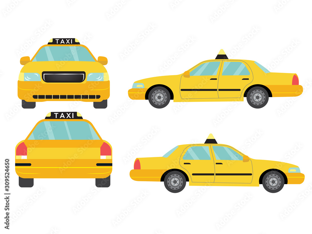 Set of yellow taxi car view on white background,illustration vector,Side, front, back