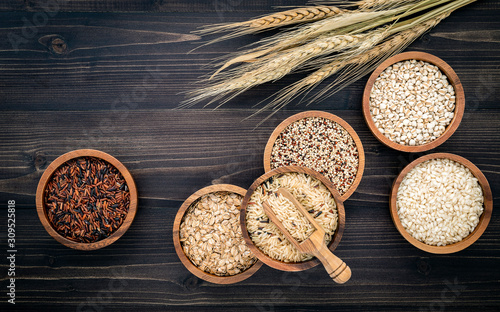 Obraz na plátně Various natural organic cereal and whole grains seed in wooden bowl for healthy food ingredient product concept
