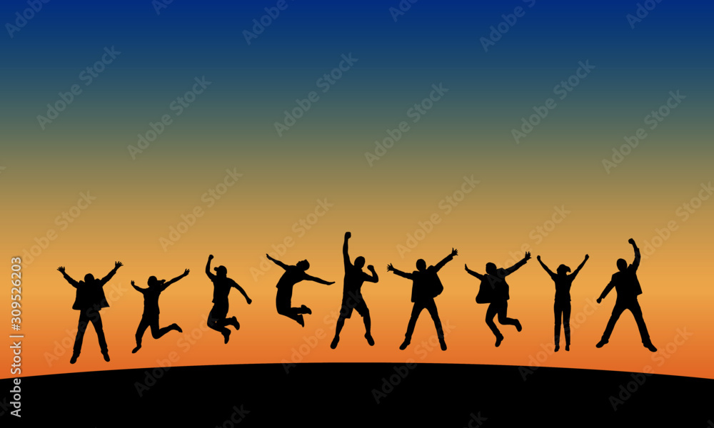 Group of people jumping at sunset, vector silhouette. Group of people jumping at sunset, vector silhouette.