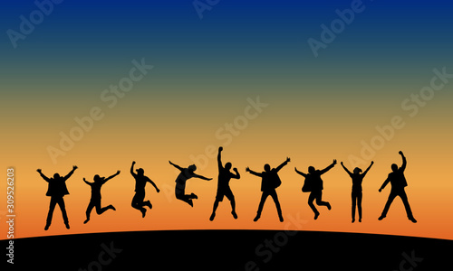 Group of people jumping  at sunset  vector silhouette.