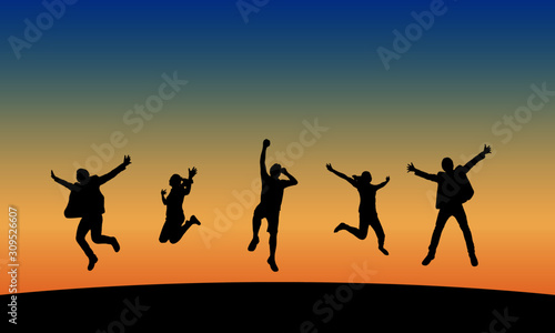 Group of people jumping  at sunset  vector silhouette.