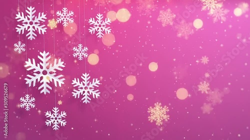 Pink Christmas looped abstract bokeh background animation with paper snowflakes