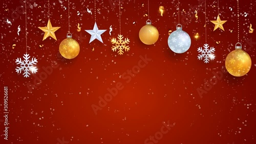 Christmas abstract red looped background animation with glitter decoration elements and snow