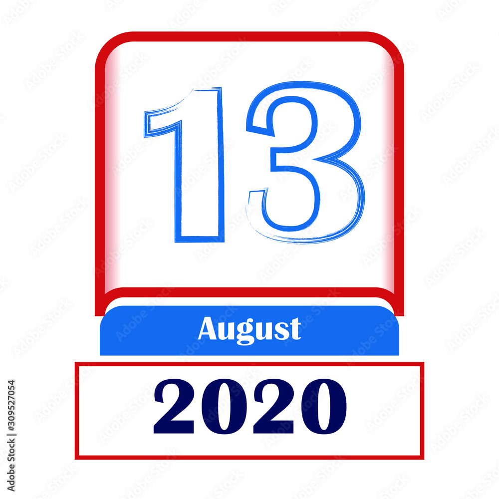 13 August 2020. Vector flat daily calendar. Date, month. 13 August 2020. Vector flat daily calendar. Date, month.