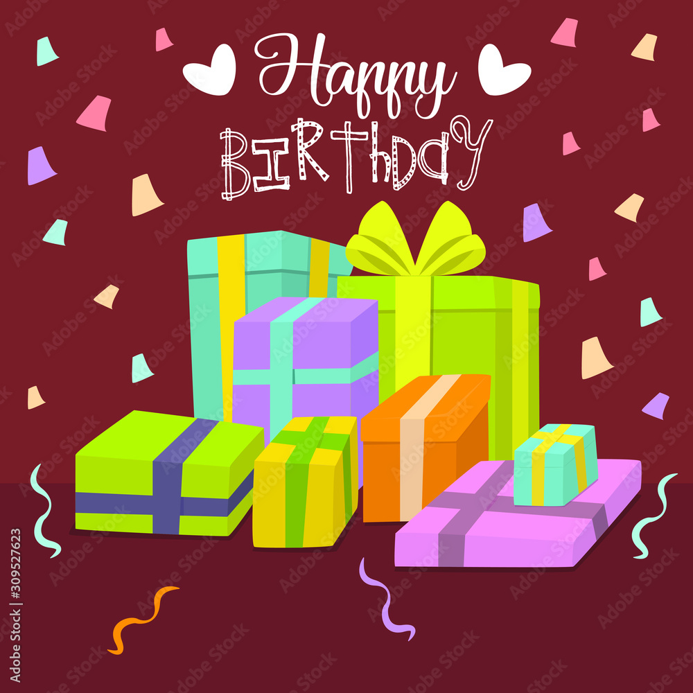 happy birthday greeting card with gift. flat design illustration