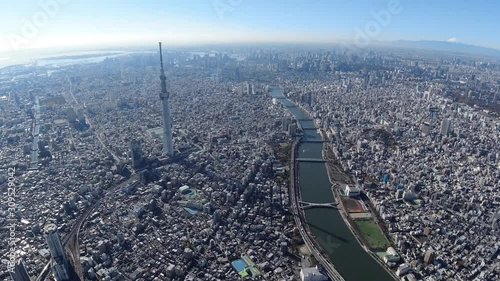 東京都市風景とスカイツリーと隅田川の空撮