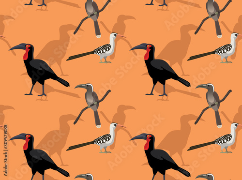 African Ground Hornbill Cartoon Seamless Background Wallpaper-01