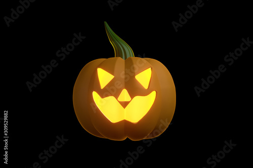 3d rendering illustrator Realistic Halloween pumpkin with lighting. Happy face Halloween pumpkin isolated on black background.Holiday Halloween Festivals asset concept © kittipong
