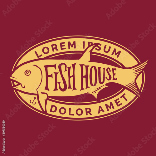 fish house vintage retro logo badge. Tuna illustration with oval stamp for fly fishing shop or seafood restaurant vector template design