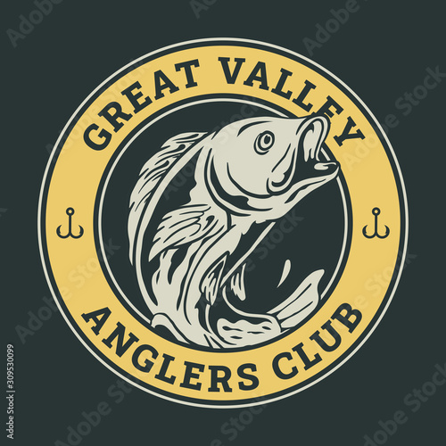 fish jumping illustration with circle label text for anglers club vintage retro logo badge design