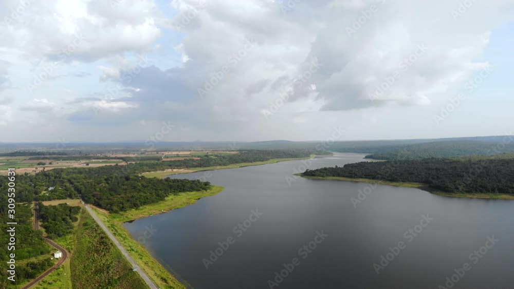 Drone shot aerial view scenic landscape of a reservoir dam at the countryside Drone shot aerial view scenic landscape of a reservoir dam at the countryside