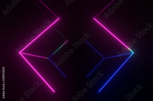 3D Rendering Illustration .Sci Fi Futuristic Neon Lights Blue purple Sci Fi Glowing Concrete Reflection Floor Dark Empty underground