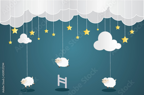 Sweet dream and Good night concept Background. Counting sheep to fall asleep. Cute cartoon sheep jumping over fence.