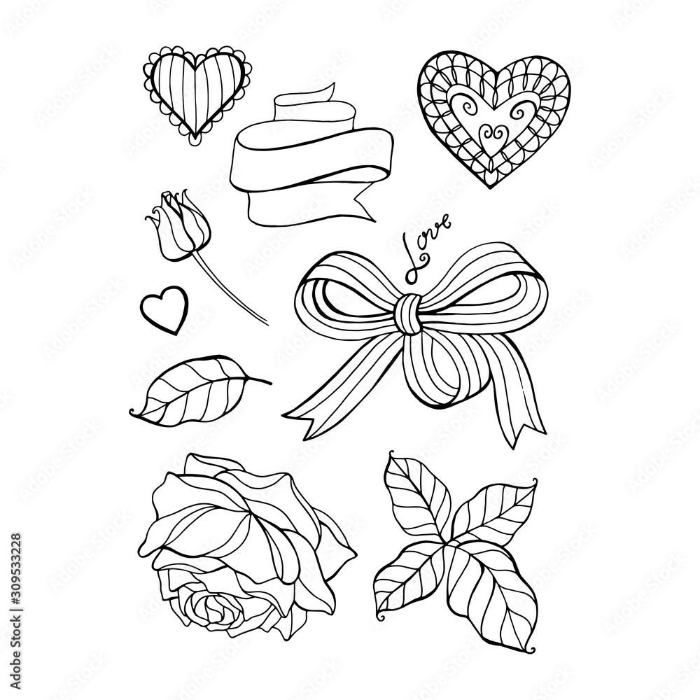 Vector hand drawn Valentines day design elements: hearts, flowers, ribbons. Isolated on white background.