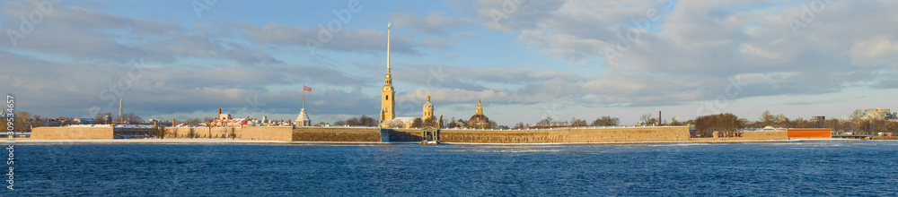 Panorama of the old Peter and Paul Fortress on a sunny December day. Saint-Petersburg, Russia