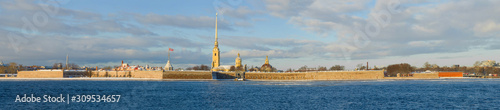 Panorama of the old Peter and Paul Fortress on a sunny December day. Saint-Petersburg, Russia