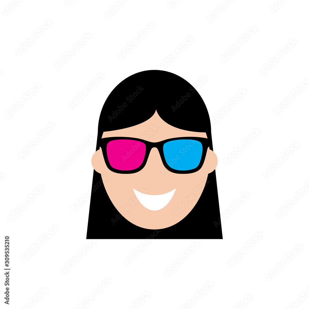 Cute woman using 3d sunglasses in flat icon Cute woman using 3d sunglasses in flat icon