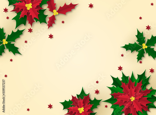 Background with a red flower. Christmas poster in paper art style. Poinsetia with green and red leaves. Place for text.