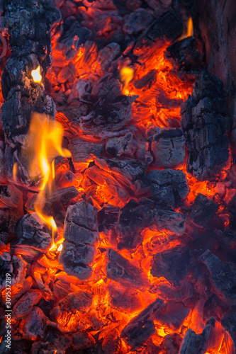 burning coals close-up