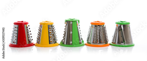 Foto Colection of Colourful Blender Cutters on a White Background