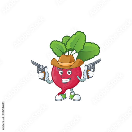 Smiling red radish mascot icon as a Cowboy holding guns