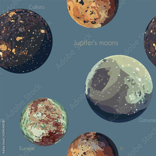 Jupiter's moons - Europa, Io, Callisto, Ganymede. Space planets vector illustration.