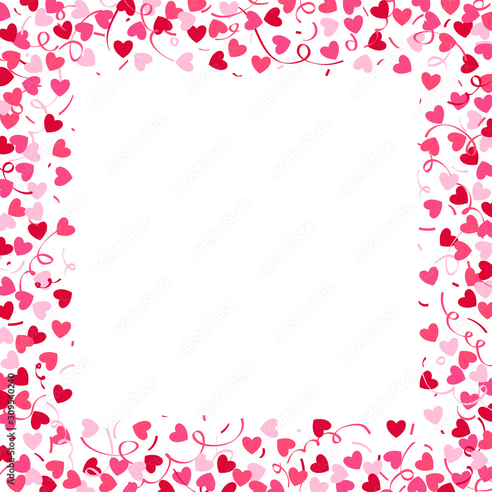 Square frame made from confetti hearts and serpentine. Cute heart border with space for text. Valentine's day background.