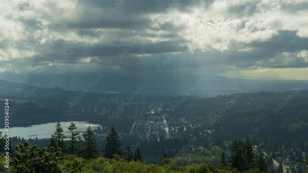 Rain stormk over Burrard Inlet at Port Moody - viewed from Burnaby Mountain
