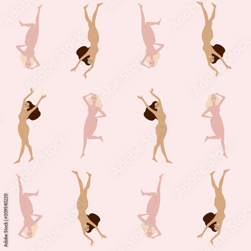 Two happy nude women on pink background vector illustration. Seamless pattern. Tender and delicate pastel color