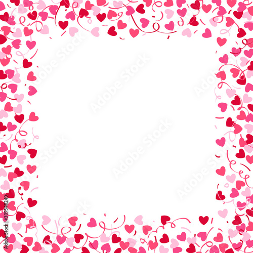 Square frame made from confetti hearts and serpentine. Cute heart border with space for text. Valentine's day background.