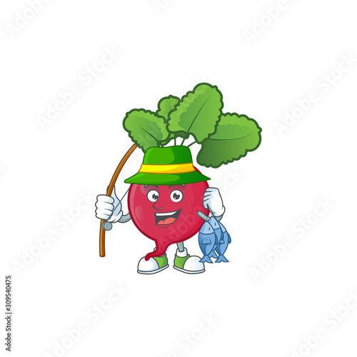 Cheerful face Fishing red radish mascot design
