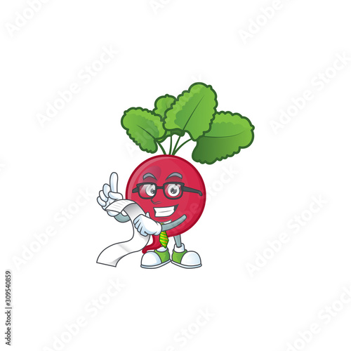 Funny face red radish cartoon with menu ready to serve