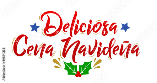 Deliciosa Cena Navidena, Delicious Christmas Dinner spanish text, vector design.
