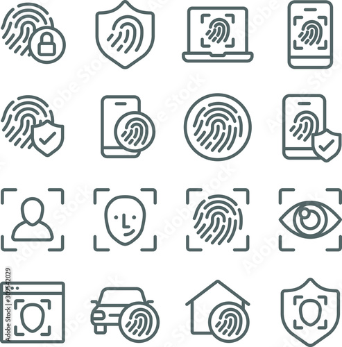 Biometric icons set vector illustration. Contains such icon as Fingerprint, Home Security, Car fingerprint, Fingerprint scan, Face Scan and more. Expanded Stroke